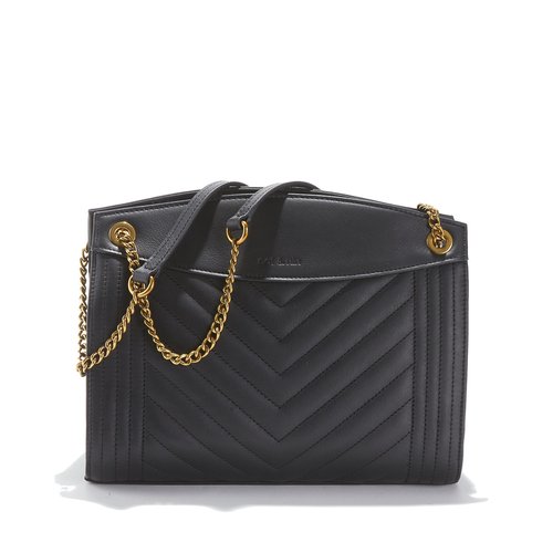 Black handbag with gold chain strap sales