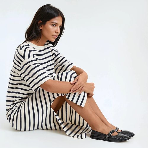 knee length dresses for ladies Eve Jersey Midi Dress-Deep Wisteria, Ivory Stripe main image 1