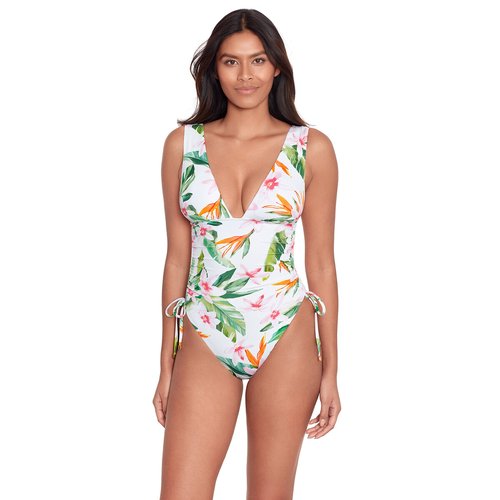 Maillot 1 piece watercolor tropical floral Lauren Ralph Lauren imprime fond blanc La Redoute