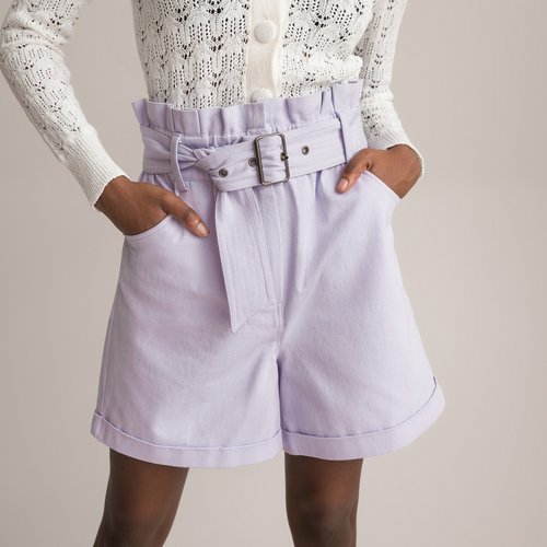 Paperbag denim shorts with high waist light purple La Redoute Collections La Redoute