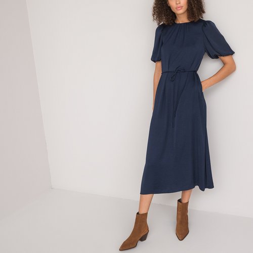 Robe longue evasee col rond manches courtes ballon bleu marine La Redoute Collections La Redoute