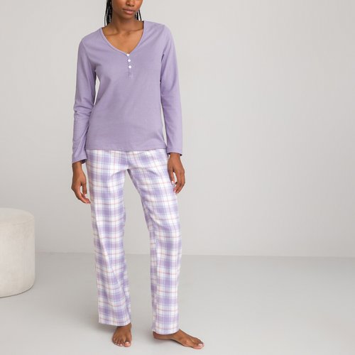 Cotton grandad pyjamas with long sleeves purple checks La Redoute Collections La Redoute