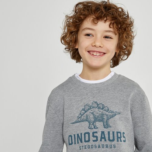 Dinosaur print cotton sweatshirt with crew neck grey marl La Redoute Collections La Redoute