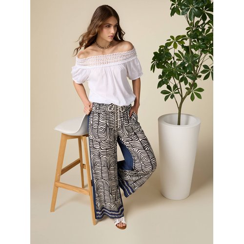 Pantalon jambe large en viscose fluide a motif ethnique bleu Oltre La Redoute