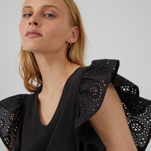 T shirt scollo a v spalle con volant e ricami nero La Redoute Collections La Redoute