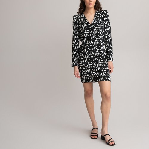 Robe courte col v manches longues imprime fond noir La Redoute Collections La Redoute