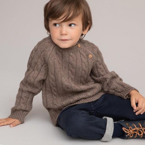 Chunky cable knit jumper with crew neck taupe La Redoute Collections La Redoute