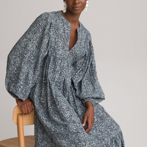 Printed cotton midaxi dress with grandad collar and balloon sleeves print black background La Redoute Collections La Redoute