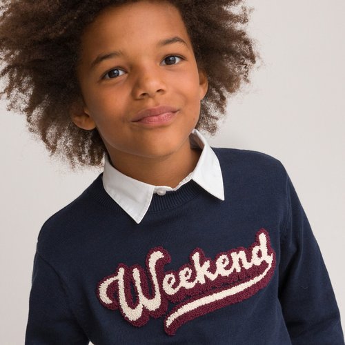 Slogan pattern cotton jumper with crew neck navy blue La Redoute Collections La Redoute
