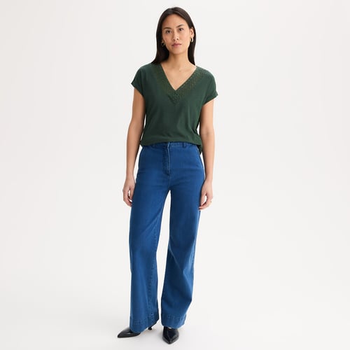 Chemisier Vintage Pause Café Femme - Taille 44, Motif Macramé, Manches Courtes, Occasion Bon état