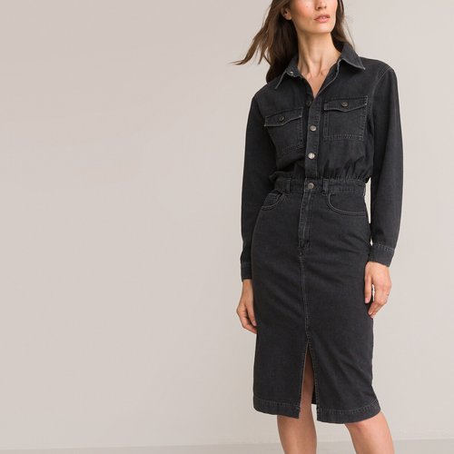Denim midi shirt dress with long sleeves charcoal grey La Redoute Collections La Redoute