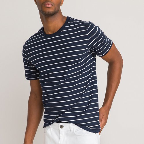 Striped Organic Cotton T Shirt with Crew Neck and Short Sleeves