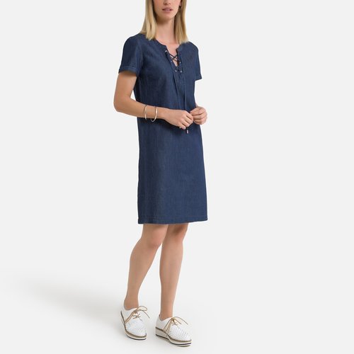 Mid length shift dress with short sleeves untreated blue Anne Weyburn La Redoute