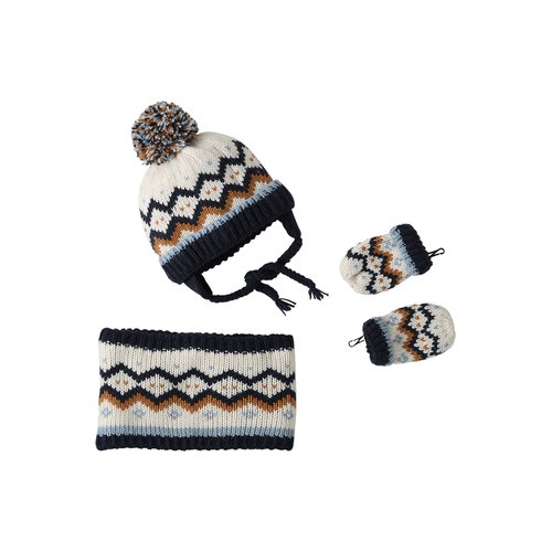 Ensemble bonnet a oreilles snood moufles jacquard marine Vertbaudet La Redoute