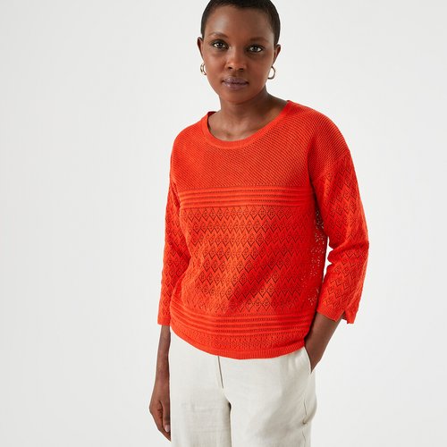 Fine pointelle knit jumper with crew neck red orange Anne Weyburn La Redoute
