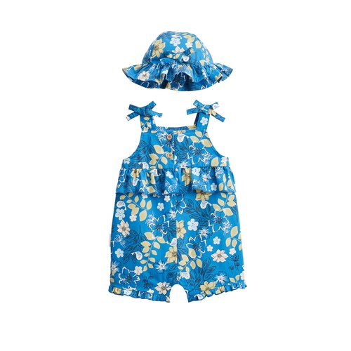 Barboteuse bebe chapeau en popeline flora bleu Petit Beguin La Redoute