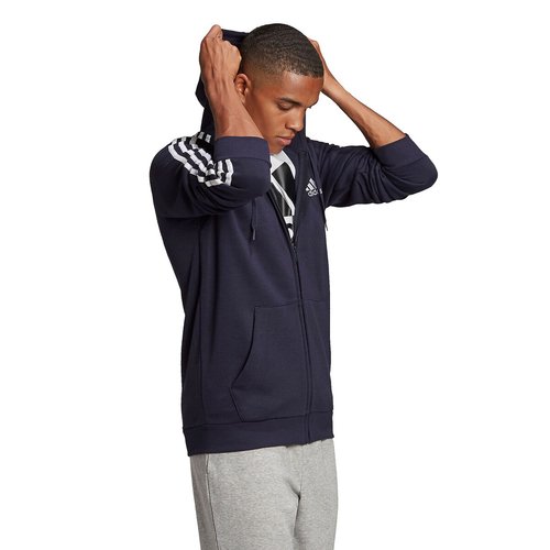 Zip up hoodie with 3 stripes and small logo in cotton mix navy blue Adidas Sportswear La Redoute