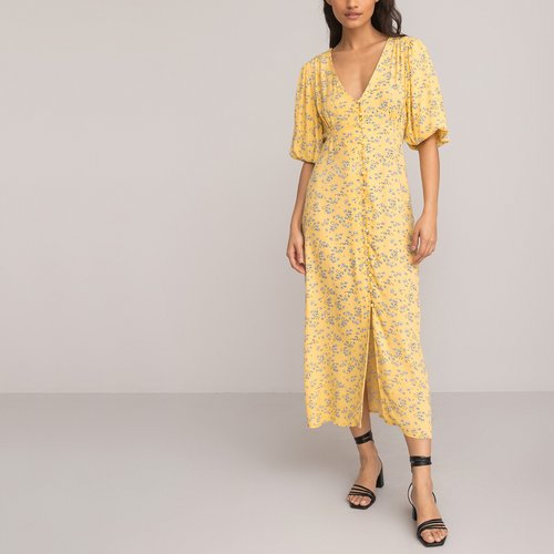 Robe longue col v manches courtes ballons imprime fleur jaune La Redoute Collections La Redoute