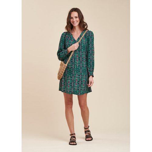 Robe courte cintree manches longues a imprime ethnique vert La Fee Maraboutee La Redoute