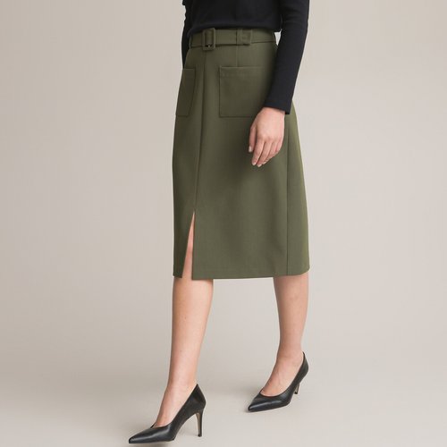 Recycled straight midi skirt khaki green Anne Weyburn La Redoute