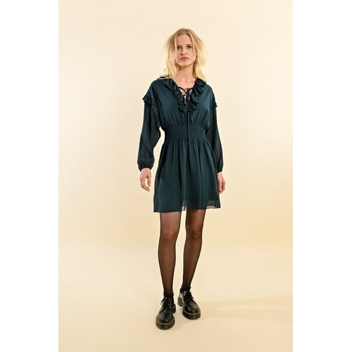 Robe courte encolure volantee bleu canard Molly Bracken La Redoute