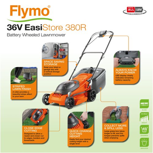 36v easistore 380r rotary cordless lawnmower kit orange grey Flymo La Redoute