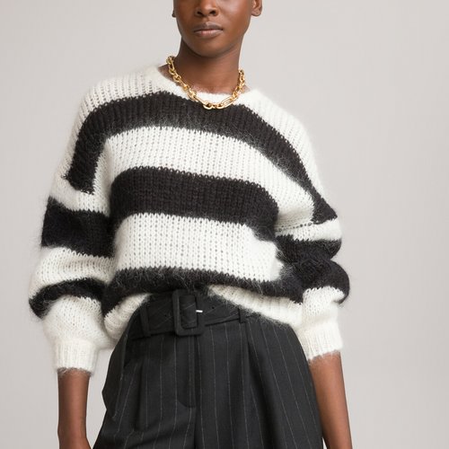 Striped mohair mix jumper with crew neck black white La Redoute Collections La Redoute