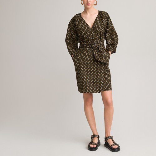 Robe portefeuille courte manches 3 4 a pois pois fond noir La Redoute Collections La Redoute