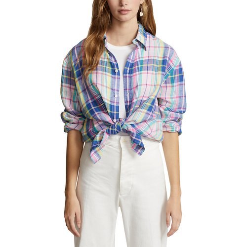 Chemise a carreaux droite en lin rose bleu Polo Ralph Lauren La Redoute