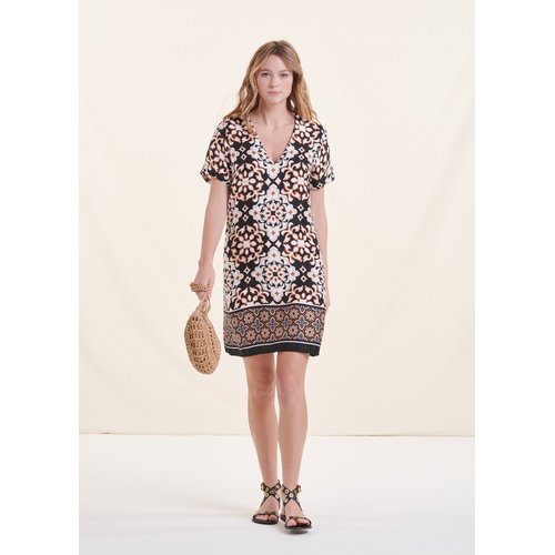 Robe courte manches courtes imprime ethnique noir La Fee Maraboutee La Redoute