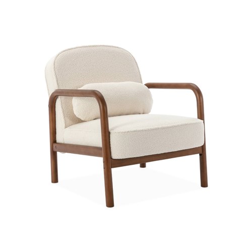Fauteuil Scandinave En Bois D’hévéa Et Tissu Bouclette – Design Vintage, Confortable Avec Ressorts, Pour Salon Ou Bureau