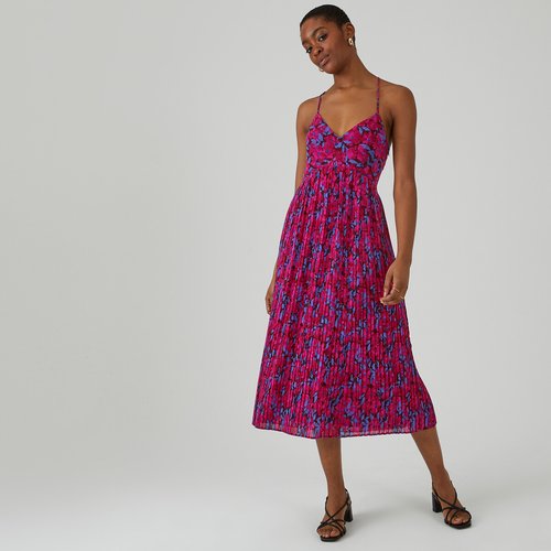 Robe longue plisse soleil a fines bretelles imprime floral rose La Redoute Collections La Redoute