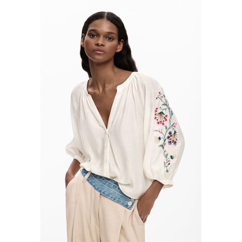 Tunique Chemisier Léger En Coton Mixte Desigual - Blanc Cassé, Imprimé Géométrique Et Brodé - Taille 38