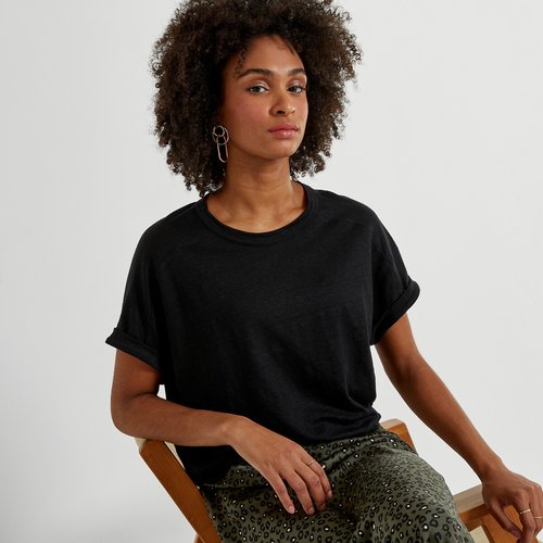 Linen crew neck t shirt black La Redoute Collections La Redoute