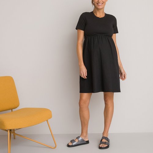 Dual Fabric Maternity Dress in Cotton with Crew Neck