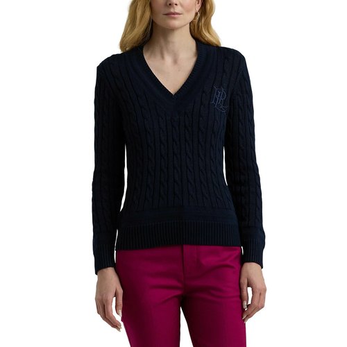 Meren cable knit jumper in cotton mix with v neck navy blue Lauren Ralph Lauren La Redoute