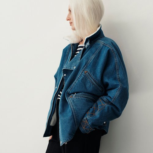 Short biker style jacket in washed denim, stonewashed blue, La