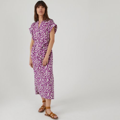 Robe longue col mao en coton imprime fleurs imprime fond violet La Redoute Collections La Redoute