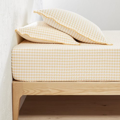 Biberna Set Biancheria Letto Seersucker Cotone Giallo - 1 Lenzuolo 155x220cm + 1 Federa 80x80cm, Morbido E Traspirante