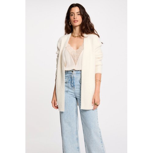 Gilet Col Rond Femme Cardigan en Tricot Court à Manches Longues Pull Veste Boutonnée Casual Vêtement d'éxtérieur Hiver Chaud (Blanc, S