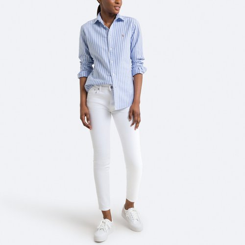 Camicia bianca in misto lino con maniche a tre quarti tagli obliqui ai