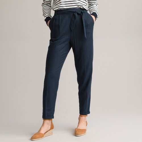 Linen mix joggers with tie waist navy blue Anne Weyburn La Redoute