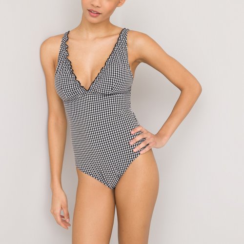 Banador de 1 pieza estilo fular de seersucker vichy negro blanco La Redoute Collections La Redoute