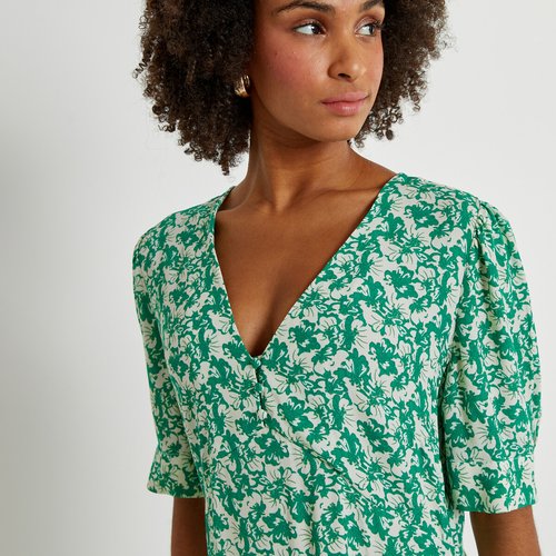 Robe longue evasee manches courtes ballons imprime fond vert La Redoute Collections La Redoute