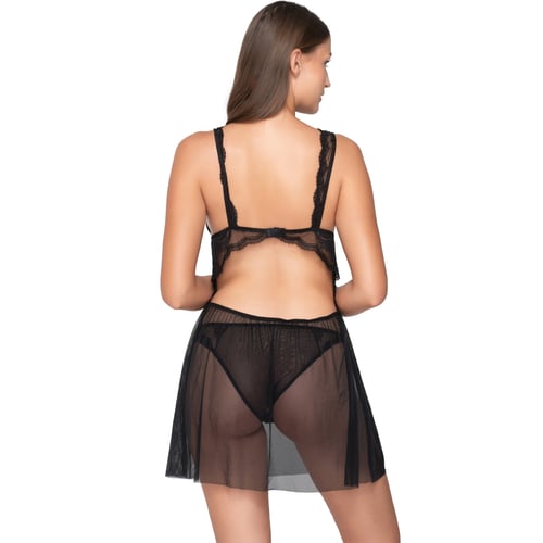 Nuisette Noire Transparente En Voile Avec Fourrure Noire - Taille 38 - Neuve Sans étiquette