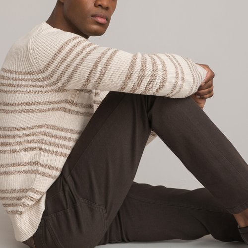Organic cotton jumper sweater in chunky knit with crew neck beige ecru stripes La Redoute Collections La Redoute
