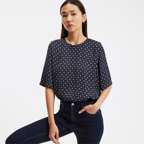 Graphic print satin blouse with crew neck star print navy background La Redoute Collections La Redoute