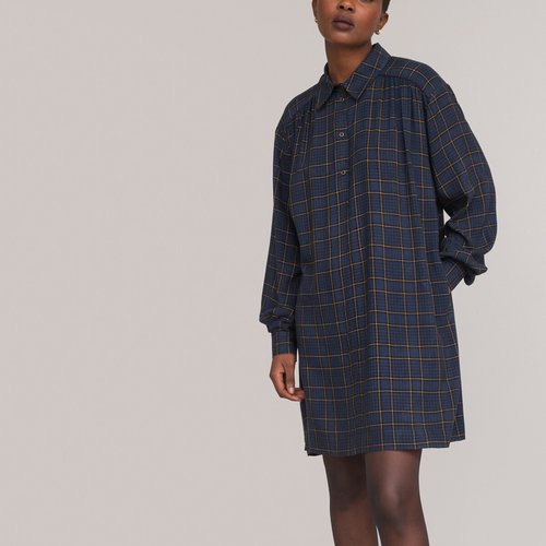 Robe evasee courte a carreaux carreaux bleu marine La Redoute Collections La Redoute