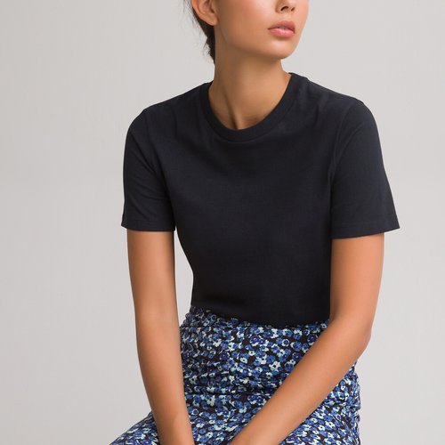 Organic cotton fitted t shirt with crew neck and short sleeves black La Redoute Collections La Redoute
