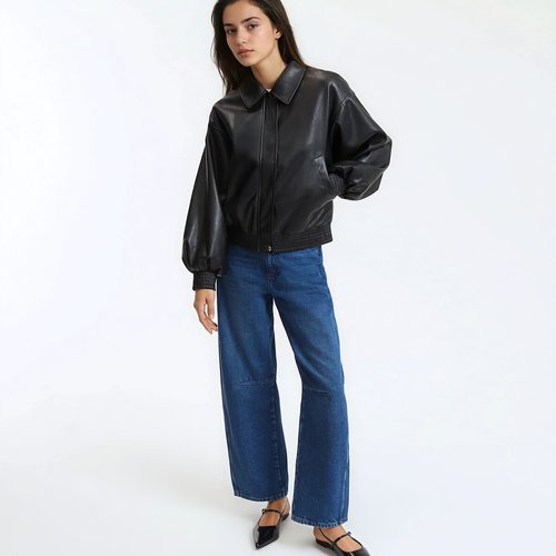 Faux leather short zip-up mid-season jacket, black, La Redoute